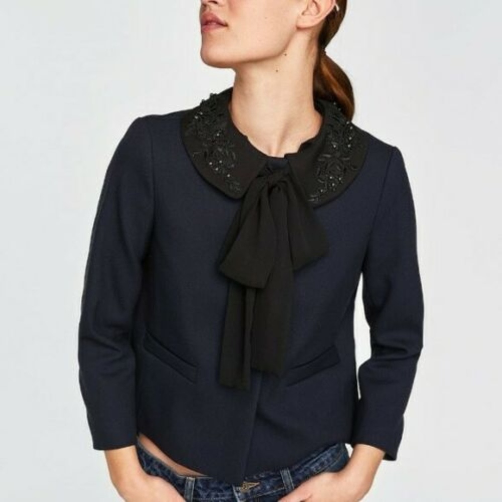 Zara Navy Blazer with Black Embroidered Detachable